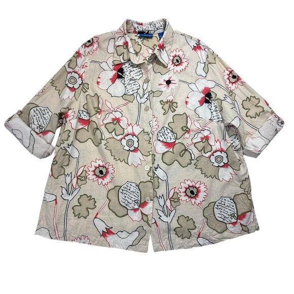 Karen Scott Top Women’s Sz 2X Floral Button Up Long Sleeve Roll Tab Linen Rayon - Picture 1 of 8